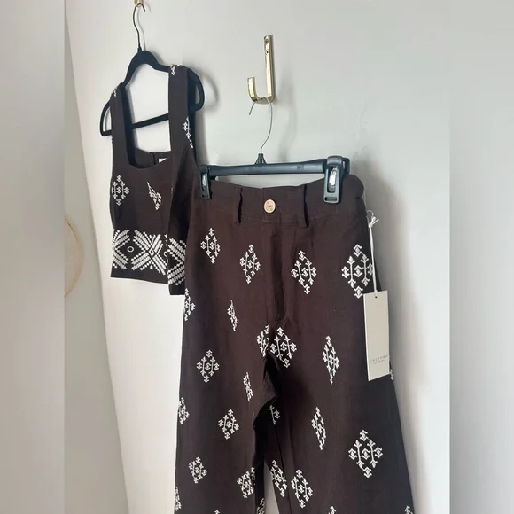 Brown Embroidered matching top and wide leg pant set Tops